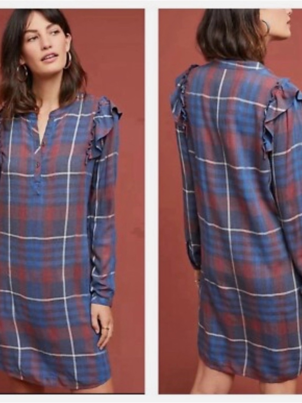 Cloth and Stone Plaid Ruffle Shoulder Tunic Dress in Blue and Rust